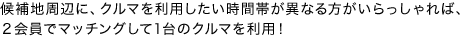 候補地周辺に、クルマを利用したい時間帯が異なる方がいらっしゃれば、２会員でマッチングして1台のクルマを利用！